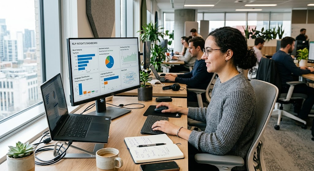 A data scientist examines text analysis results from a machine learning and natural language processing system.