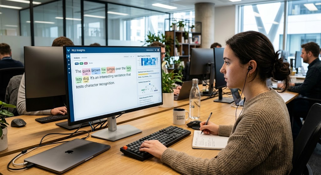 A software developer uses a computer to analyze human language with a natural language processing system.