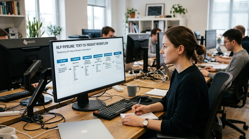 Natural language processing pipeline showing text input, tokenization, language analysis, machine learning, and output.