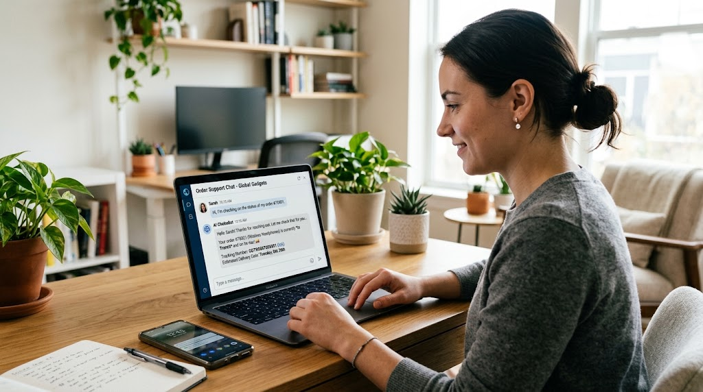 Customer using an AI chatbot to check an online order and its estimated delivery date.