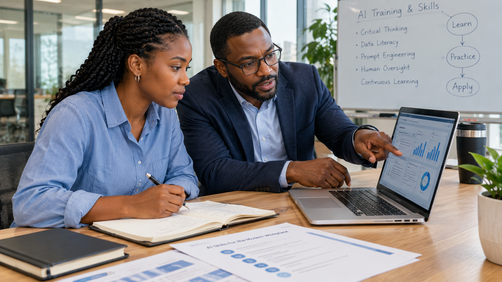 Employees developing AI skills and reviewing AI-generated information during workplace training.