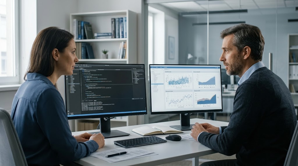 Software developers and researchers using AI-assisted tools to examine code and scientific data.