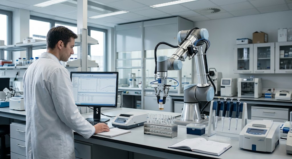 How Superintelligent AI Could Change Science and Technology 2 AI-assisted robotic laboratory equipment automating a scientific experiment under researcher supervision