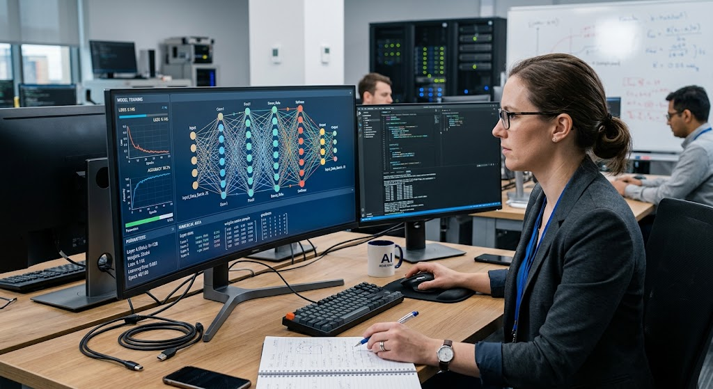 Data scientist examining a multilayered artificial neural network used in deep learning.