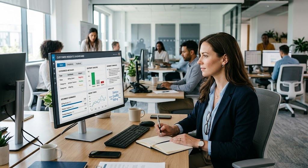 Business professional reviewing customer messages and document analysis using natural language processing