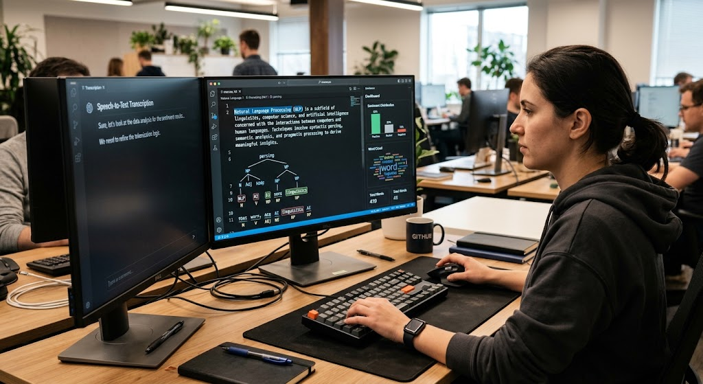 Software developer examining text analysis and speech recognition on a computer