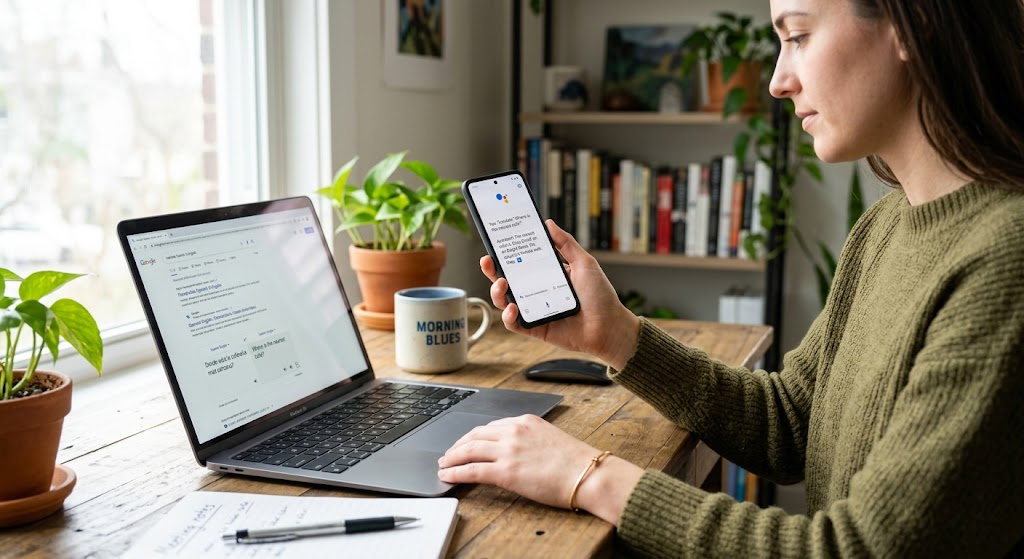Person using a smartphone voice assistant and laptop search tools powered by natural language processing