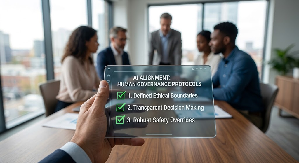 A hand holding a digital checklist with green checks for AI governance protocols, symbolizing the human choices that shape the future of artificial superintelligence.