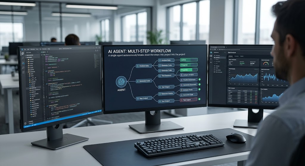 A modern multi-monitor setup visualizing a complex, multi-step autonomous workflow, demonstrating capabilities relevant to the future of artificial superintelligence.