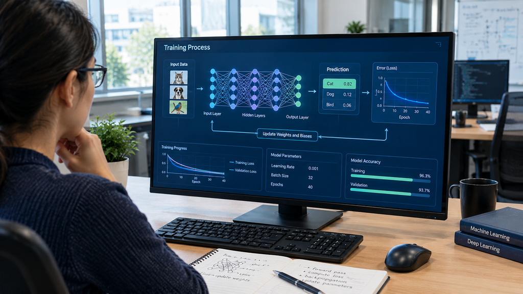 Neural network training process showing predictions, loss reduction, and weight adjustments on a computer monitor