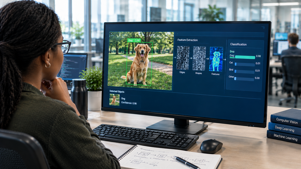 Neural network recognizing a dog in an image using computer vision and feature extraction