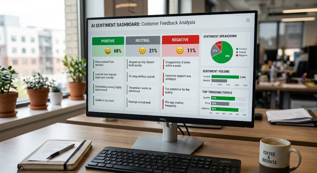 AI sentiment analysis dashboard classifying customer feedback as positive, negative, and neutral.