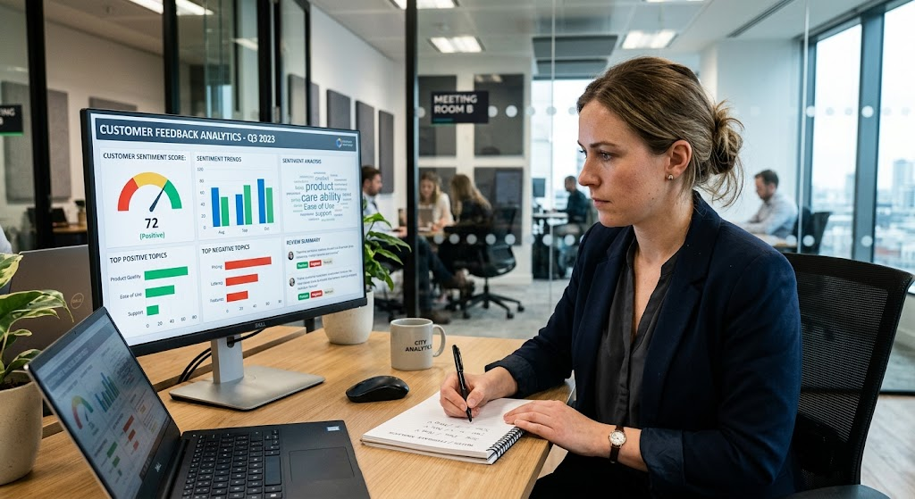 Business analyst reviewing customer feedback and sentiment analysis charts on a computer.