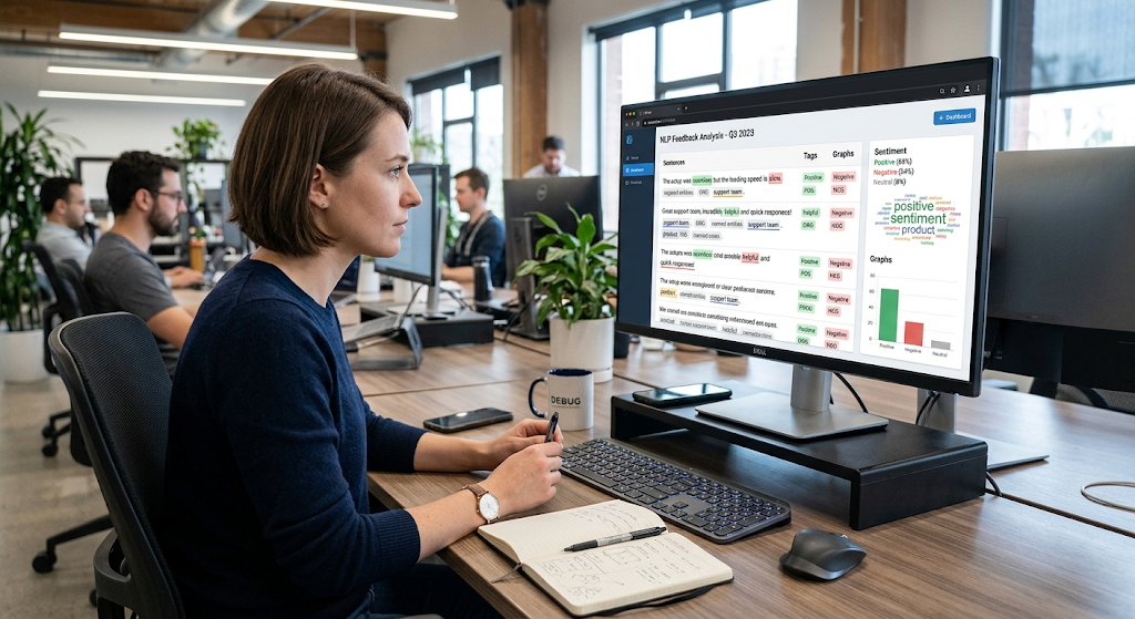 Natural language processing system identifying keywords, names, and sentiment in written text.