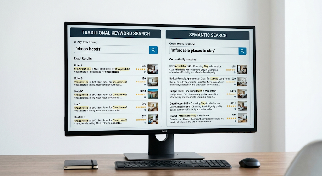 Comparison of traditional keyword search and semantic search in search engines.