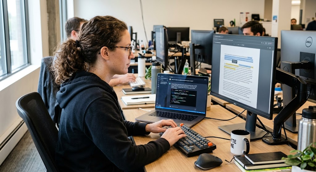Software developer using a large language model to generate text and assist with coding