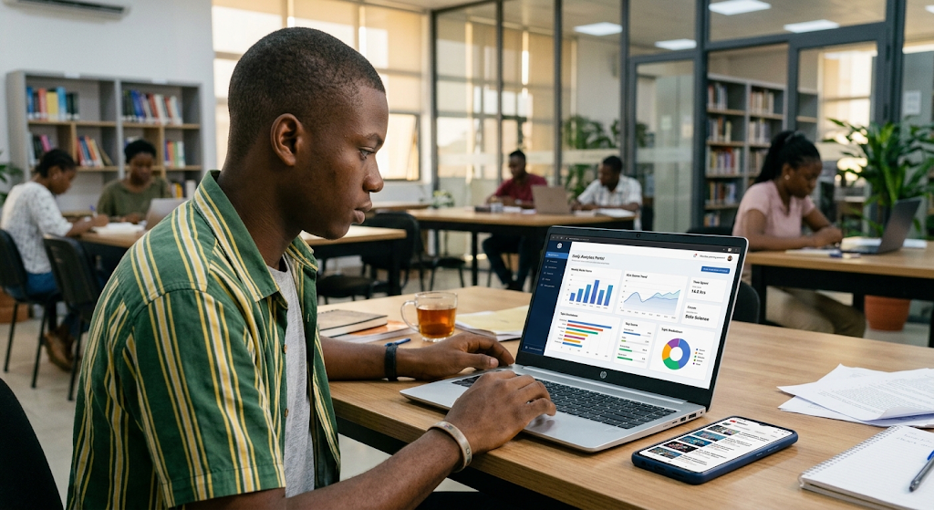 A student using a laptop and smartphone with applications powered by machine learning.
