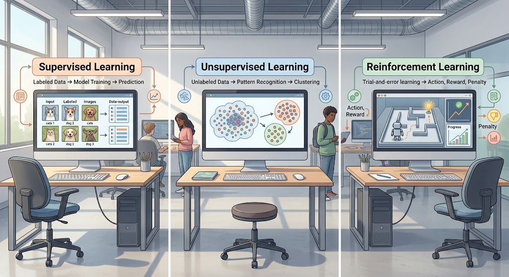 An educational illustration comparing supervised, unsupervised, and reinforcement learning.