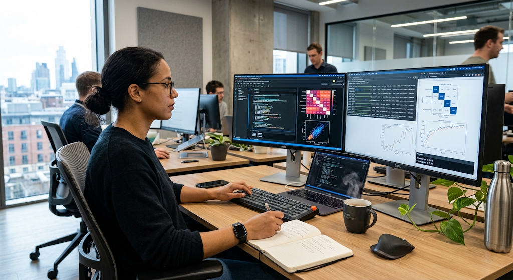 A data scientist analyzing datasets and prediction results on computer monitors to train a machine learning model.