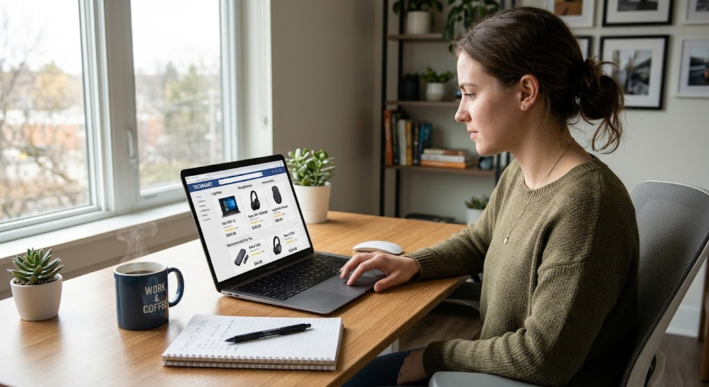 Real-World Applications of Machine Learning in Everyday Life 4 A customer browsing recommended products on an online shopping website using a laptop.