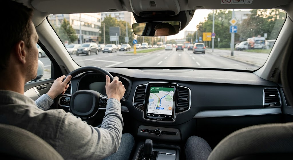 AI-powered navigation system analyzing traffic and suggesting routes in a modern vehicle