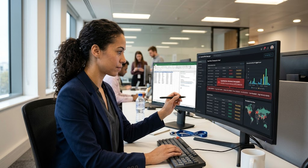 Financial analyst reviewing machine learning alerts for potentially fraudulent transactions