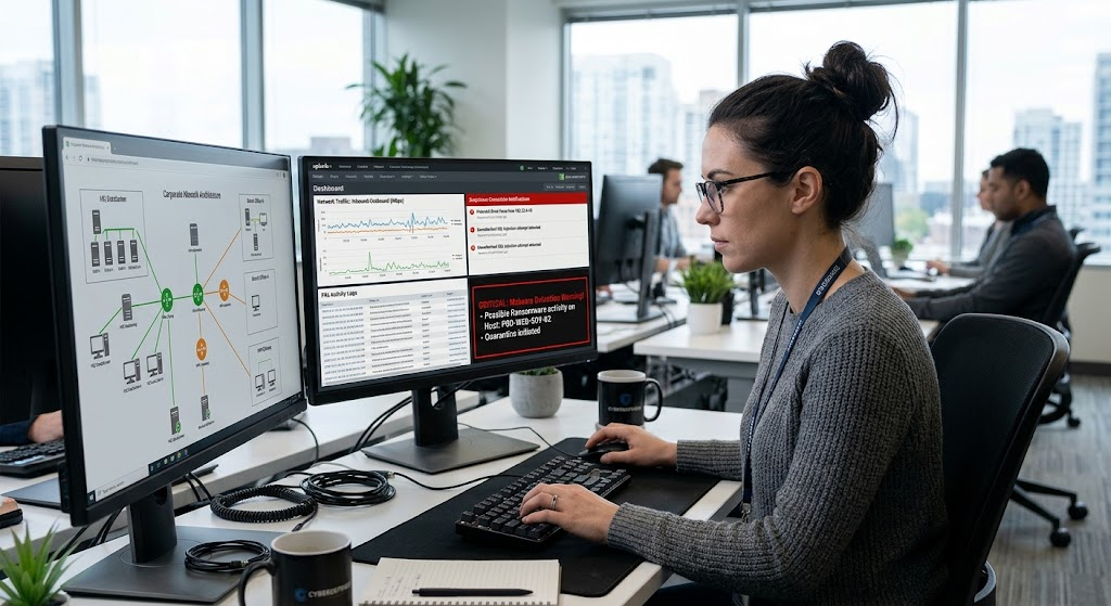 Cybersecurity professional analysing suspicious network traffic and malware alerts