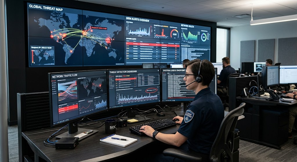 Cybersecurity analyst monitoring network threats using machine learning dashboards