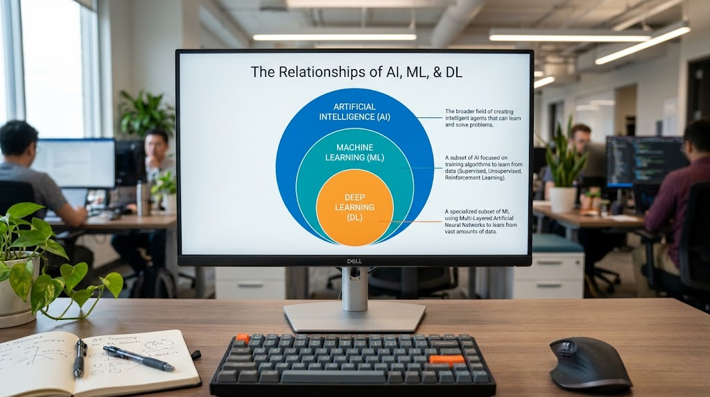 Diagram showing deep learning as a subset of machine learning within artificial intelligence.