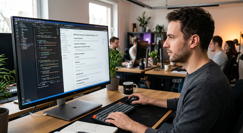 Developer reviewing software technical documentation and source code
