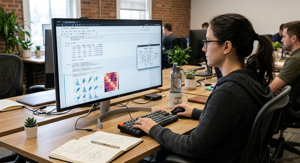 A developer using Jupyter Notebook, pandas, and scikit-learn for machine learning development.