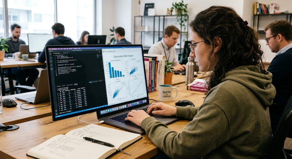 A student using Python programming to analyze datasets and visualize information on a laptop