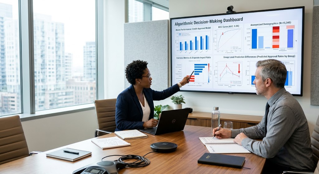 Technology specialists reviewing machine learning model performance and algorithmic bias.