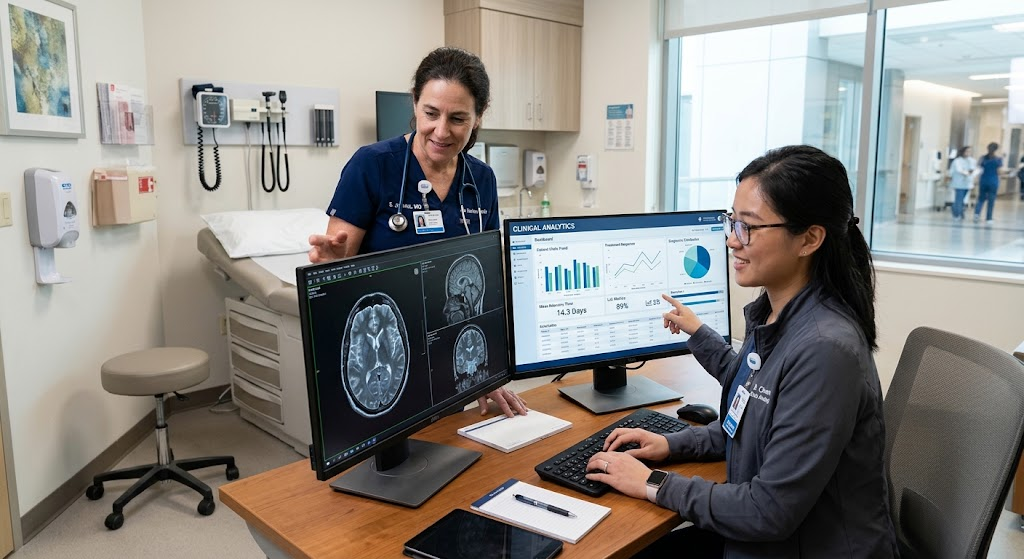 Healthcare professionals reviewing medical images and machine learning analysis in a hospital.