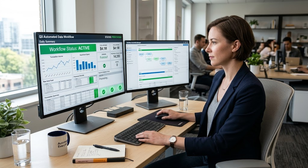 Office professional reviewing automated data analysis reports on a computer.