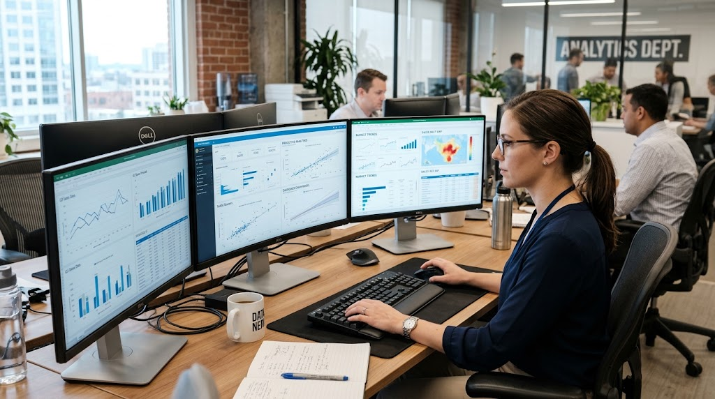 Data analyst examining machine learning charts and patterns in large datasets.