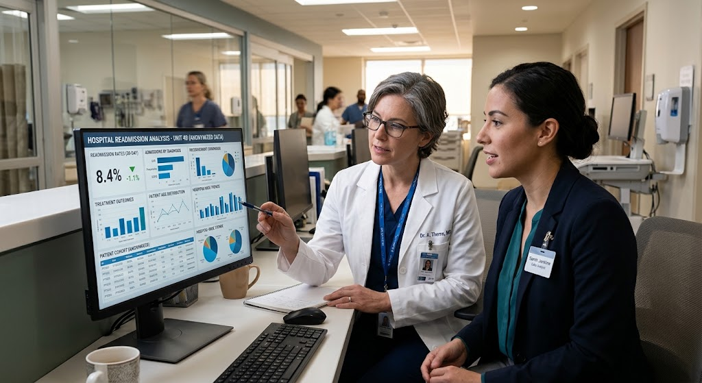 Data Mining Explained: Techniques, Applications, Benefits, and Real-World Examples 4 Healthcare professionals analyzing patient data and hospital readmission trends using data mining