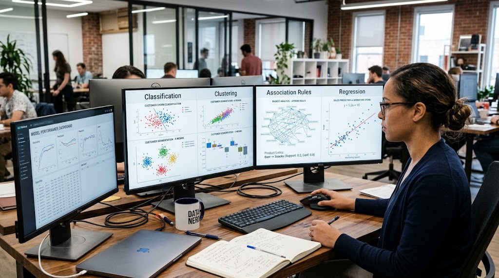 Data Mining Explained: Techniques, Applications, Benefits, and Real-World Examples 3 Data scientist examining classification, clustering, association rule learning, and regression techniques on computer screens.