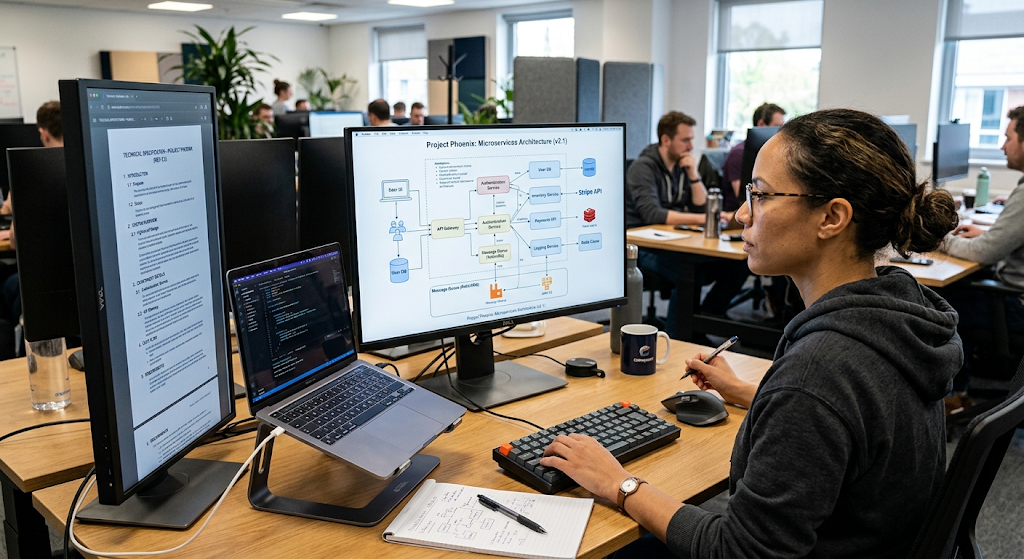 Software architecture diagram and technical specification for a development project