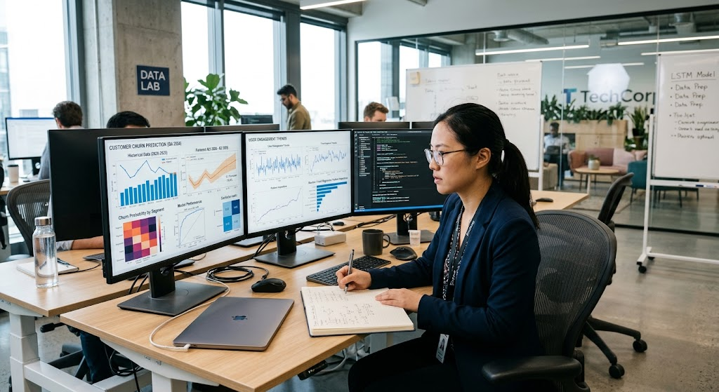 Data Mining Explained: Techniques, Applications, Benefits, and Real-World Examples 6 Data scientist examining predictive analytics dashboards and machine learning models to identify future trends.