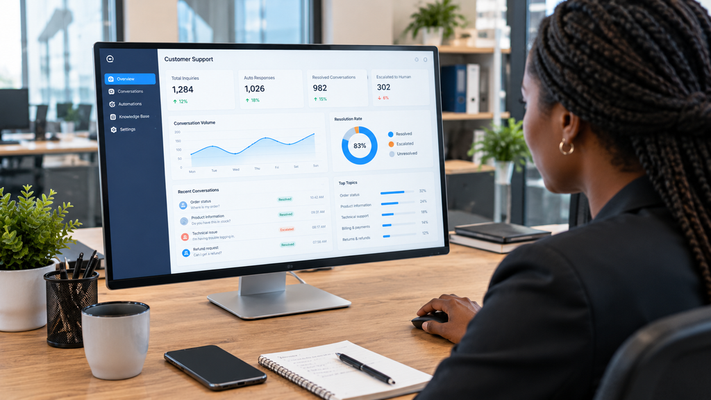 What Is a Chatbot? Types, Features, Benefits, and How It Works 3 Business employee reviewing chatbot performance and customer-support results on a computer dashboard.
