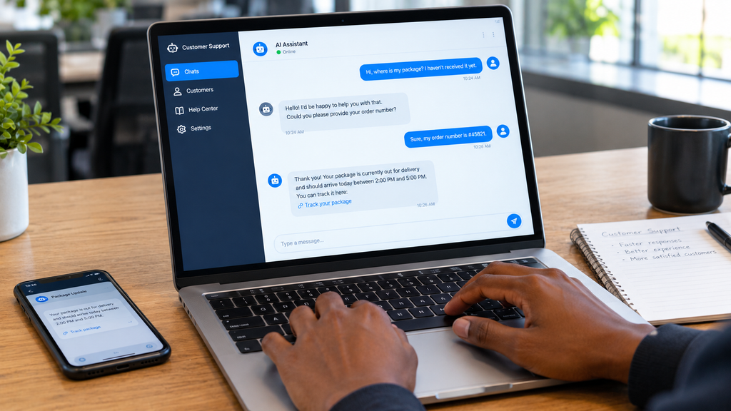 What Is a Chatbot? Types, Features, Benefits, and How It Works 2 Laptop showing a chatbot asking for an order number before providing package delivery information.