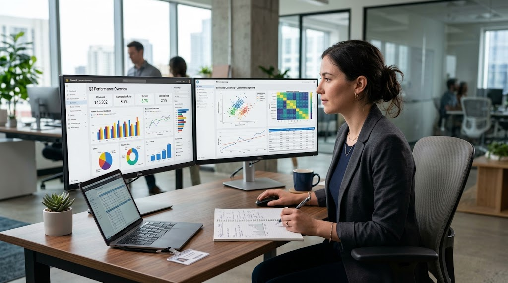 AI and machine learning systems helping a data analyst examine complex datasets and identify patterns.