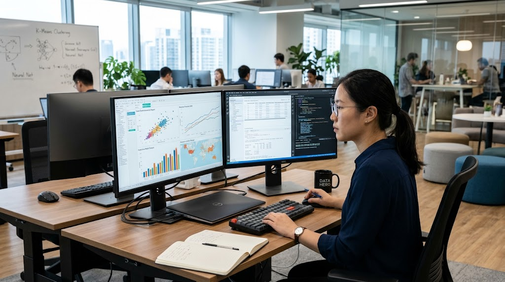 Data scientist using machine learning visualizations to recognize patterns and forecast future trends.