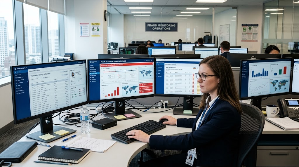 Financial analyst reviewing AI-generated alerts to identify potentially fraudulent banking transactions.