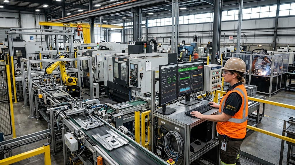 Engineer using AI-powered data analysis to monitor industrial equipment and predict maintenance needs.