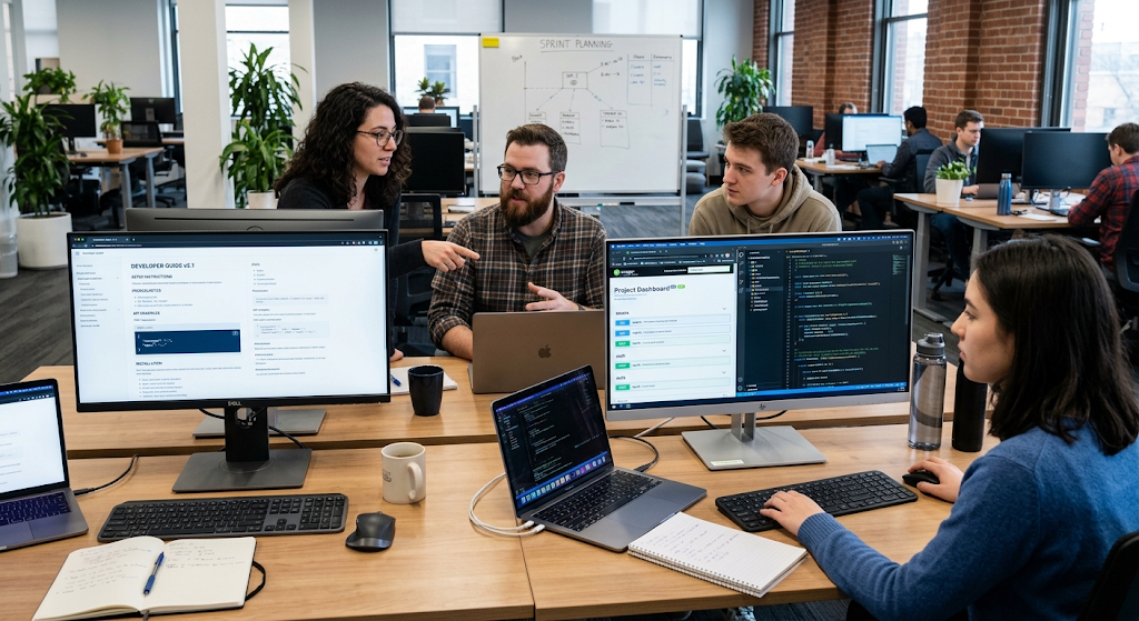 Software developers reviewing project documentation and developer guides
