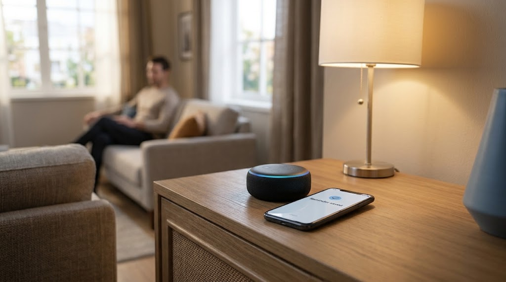 A smart speaker and smartphone showing a completed reminder from a voice assistant.