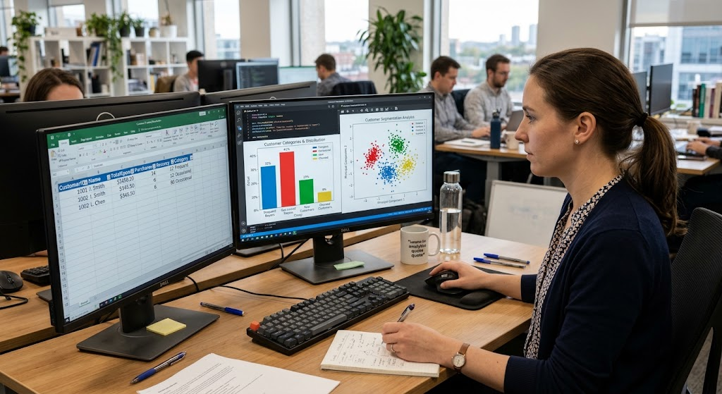 Top Data Mining Techniques Every Beginner Should Understand 3 Customer segmentation dashboard showing clustered data points and customer classification categories.