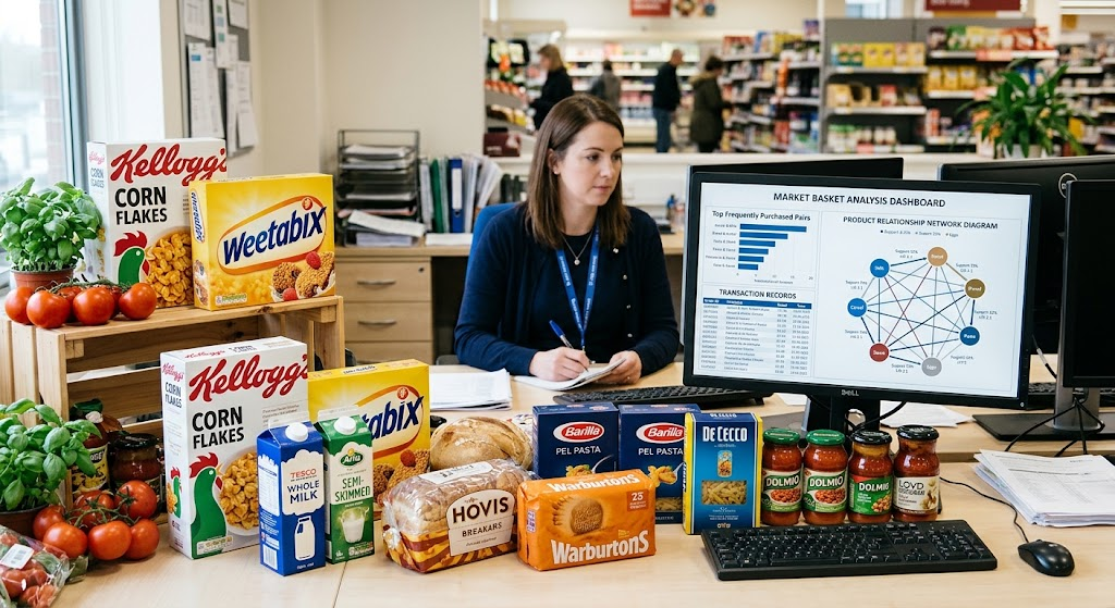 Top Data Mining Techniques Every Beginner Should Understand 4 Market basket analysis showing grocery products and relationships between frequently purchased items.